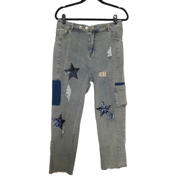 Jaded Gypsy Denim - Jaded Gypsy Galaxy Dreamer Jeans Sequin Star Patch Boho Cottagecore Size S/M